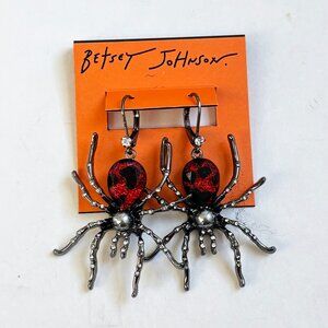 Betsey Johnson Spider Earrings Black Red Silver Glampire Hematite Jeweled Clip